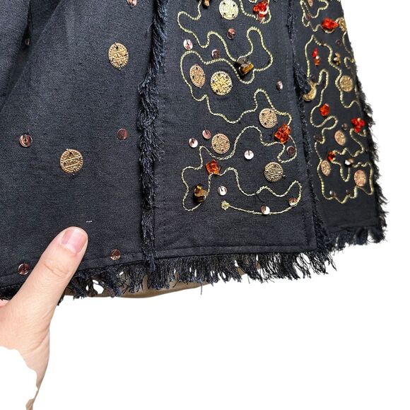 Indigo Moon Linen Embellished Metallic Fringe Jacket M | Artsy Bohemian Funky - Picture 6 of 7